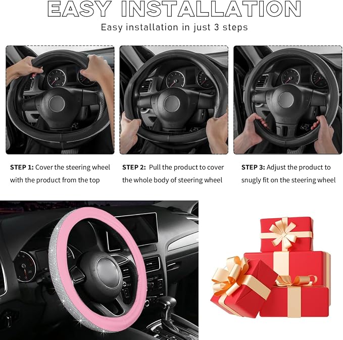 Steering Wheel Cover, Bling Crystal Rhinestones Auto Wheel Protector, Sparkly Cover Universal Fit Diverse 14.5-15 inch Steering Wheel, Interior Decor Car Accessories (White+Pink)