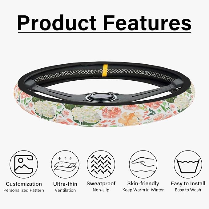 Colorful Flowers Steering Wheel Cover, Cute Printing Steering Wheel Cover Protector for Women, Ultra-Thin with Personalized Pattern Design, for Steering Wheel with a Diameter of 14.5"-15"