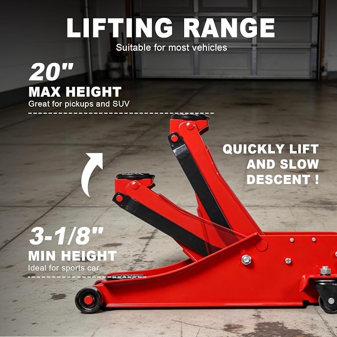 3 Ton Floor Jack, 6600LBS Capacity Hydraulic Car Jack, Low Profile Portable Jack with Dual Pumps, Quickly Lift Steel Service Jack, Lifting Range 3-1/8" Min to 20" Max Red