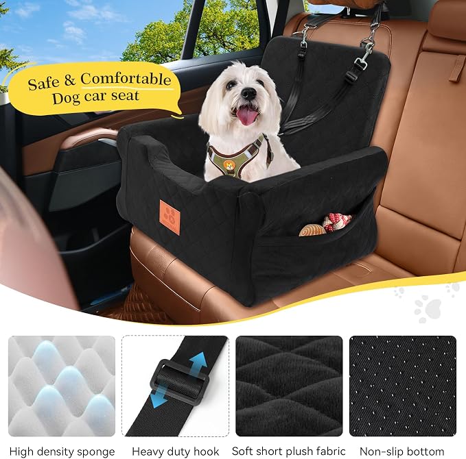 Dog Car Seats for Small/Medium Dogs, Elevated Memory Foam Dog Booster Seat, Detachable Washable Pet Car Seat with Safety Belts & Storage Pockets (Black)