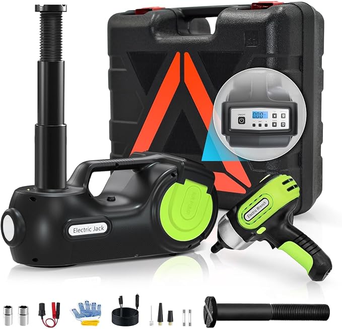 Electric Car Jack Kit 5Ton 12V Hydraulic (Lifting Range: 6.1-20.86 inch) with Impact Wrench & Inflator for Car SUV Sedan MPV with LCD & Tire Pressure Display