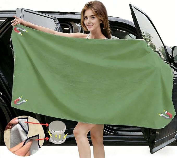Magnetic Beach Towel | Extra Wide & Enhanced Magnet (75"x40"), Sand-Free Quick-Dry Microfiber for Car Door Changing, Beach, Pool | Includes Storage Bag, Travel & Camping (Green)
