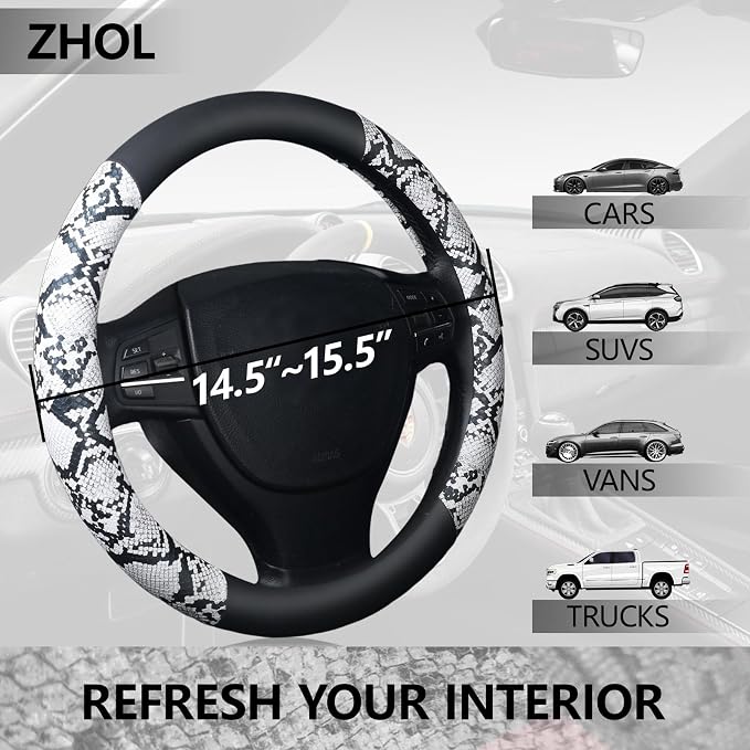 Snake Skin Steering Wheel Cover, Universal 14.5-15 inch Breathable Microfiber Leather Anti-Slip Car Steering Wheel Protector for Women Men, Black&White