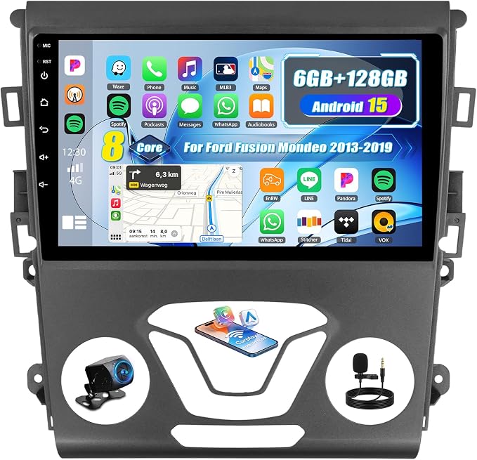 6+128G 8 Core Android 15 Car Radio Stereo for Ford Fusion Mondeo 2013-2019 with Wireless CarPlay Android Auto, 9'' Touchscreen with WiFi GPS Mirror Link Bluetooth FM RDS DSP EQ SWC Backup Camera