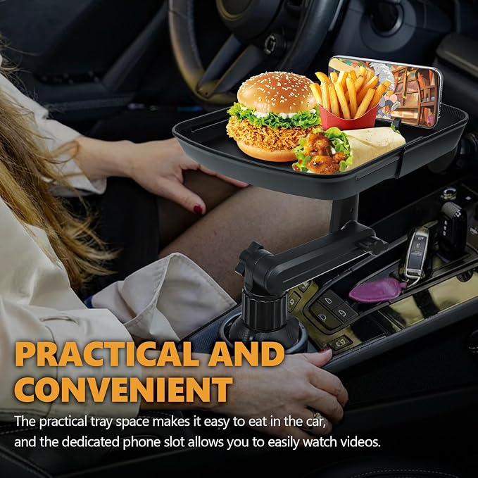 Car Cup Holder Tray Table, 360° Adjustable Car Food Tray with Phone Slot & Swivel Arm, 3 in 1 Detachable Vehicle Cup Holder Expander for Eating, Universal Road Trip Essentials