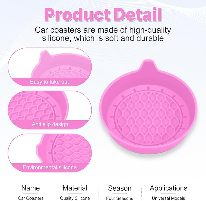 Car Cup Holder Coaster, Silicone Cup Holder Insert, Universal Non-Slip Cup Holders, Car Accessories Interior for Women and Man 4 Pack Pink