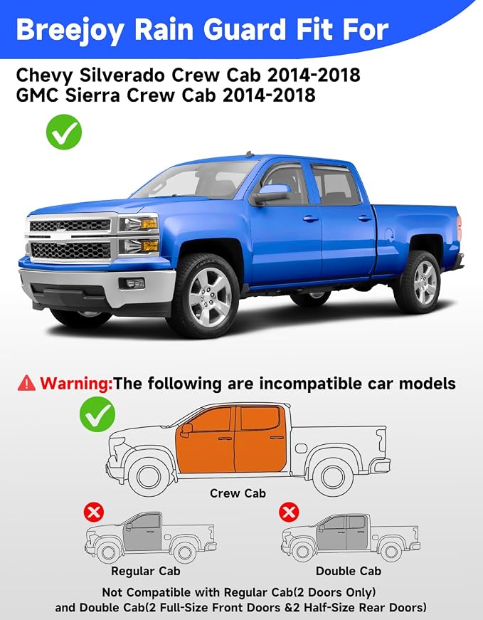 in-Channel Extra Durable Rain Guards Fit for 2014-2018 Chevy Chevrolet Silverado/GMC Sierra Crew Cab Truck,Vent Window Visors, Window Deflector, Vent Shades Car Accessories -4 pcs