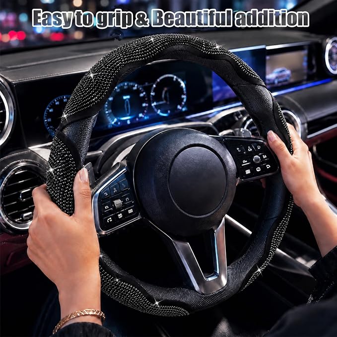Bling Steering Wheel Cover for Women, 3PCS Crystal Rhinestone Car Steering Wheel Protector Covers, Sparkly Decoration for Most Steering Wheels, Bling Car Interior Accessories (Black Diamond)