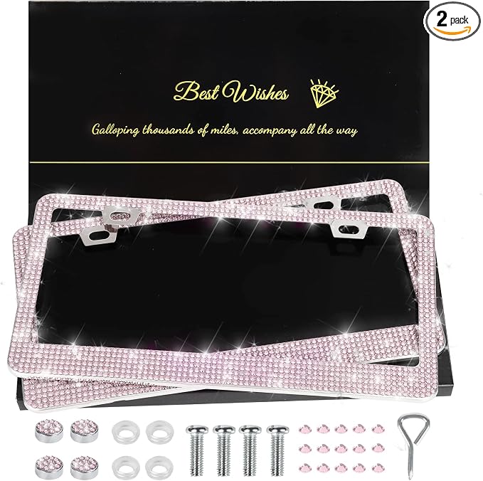2 Pack Bling License Plate Frames for Women, Sparkly Rhinestone Diamond Car Accessories with Glitter Crystal Caps (Pink)