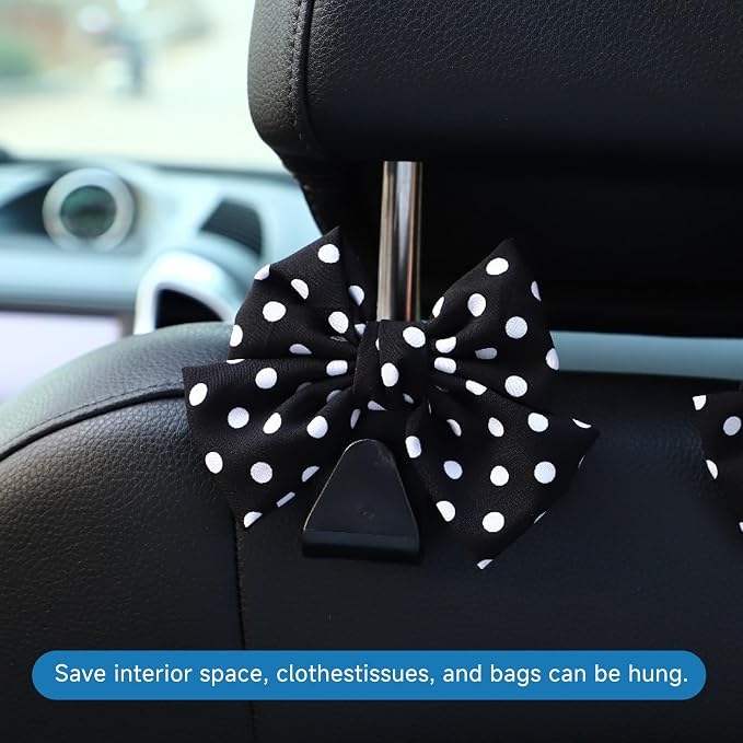 2PCS Car Seat Hooks, Cute Bow Car Seat Headrest Hooks for Purses, Bags, Umbrella, Universal Automotive Interior Decoration Accessoriesl for Vehicle, SUV, Sedan, Truck (Black Spot)