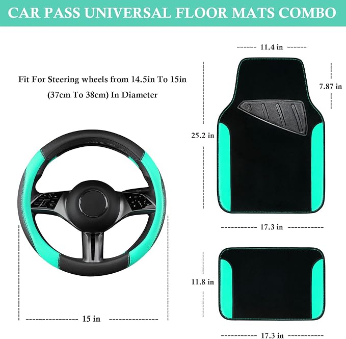 Faux Leather Steering Wheel Cover and Waterproof Car Floor Mats,Universal Car Combo Fit for 95% Sedan,SUV,Cars,14.5-15inch Sporty Anti-Slip Safety Comfortable Design(Black＆Mint)