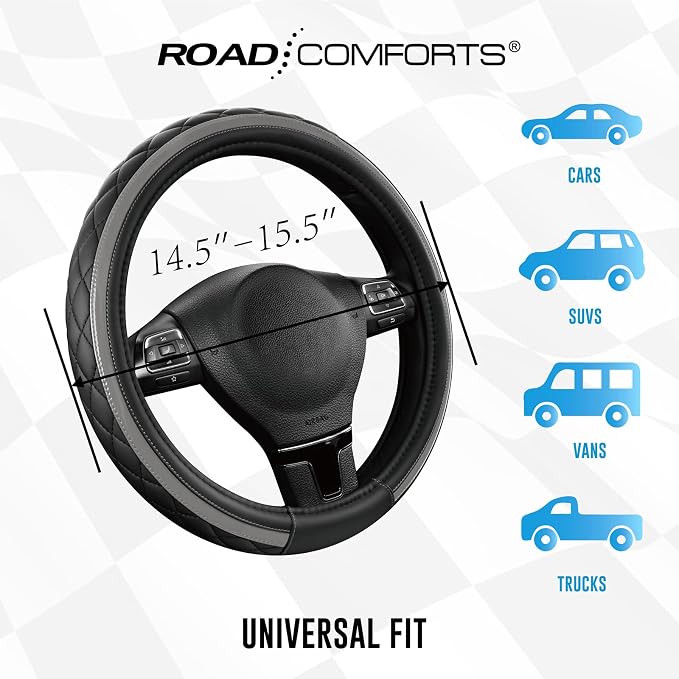 Leather Steering Wheel Cover – Black & Gray, Universal Fit 14.5-15 Inch, Microfiber Leather, Anti-Slip & Breathable Design for Men and Women