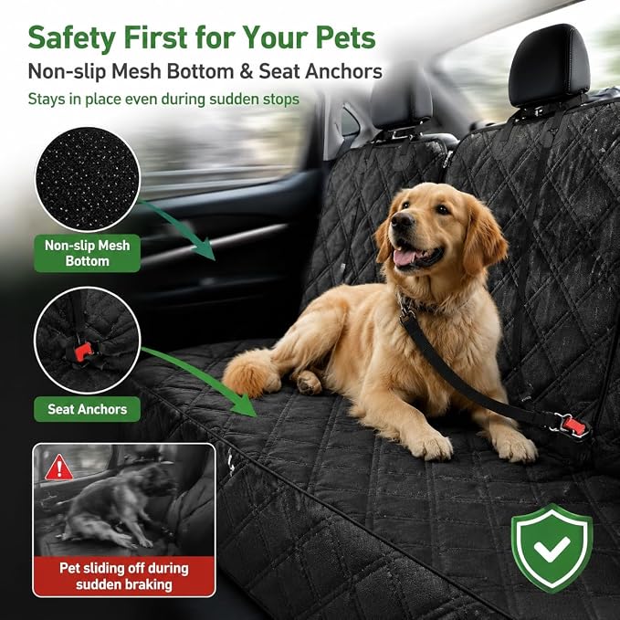 Dog Car Seat Cover for Back Seat, Waterproof 600D Oxford Pet Seat Protector for Cars SUVs Trucks, Heavy Duty Non-Slip Rear Bench Cover, Machine Washable Scratchproof - Black
