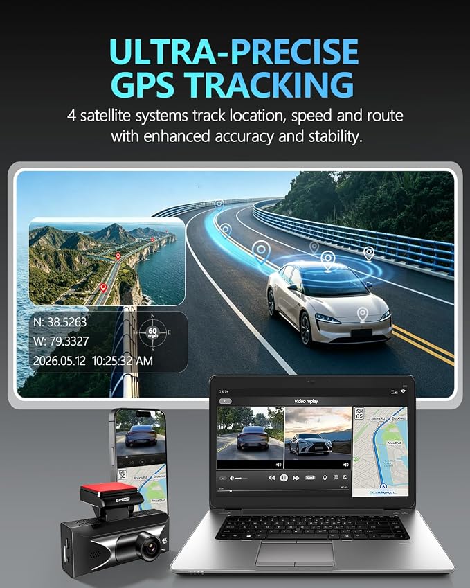 Dual Dash Cam Front 4K+2.5K Rear, 5.8GHz Wi-Fi, 20MB/s Fastest Download Speed with APP, WDR Night Vision, 2160P Dash Camera for Cars, 3" IPS, 24H Parking Mode, Free 64GB Card Included