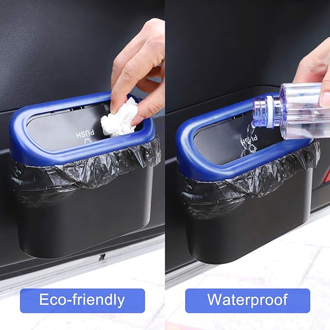 Car Trash Can with Lid, Vehicle Trash Bin Car Dustbin Garbage Organizer Holder with Trash Bag, Portable Hanging Mini Wastebasket Bin Trash Container for Auto Cars, Home, Office (Blue)