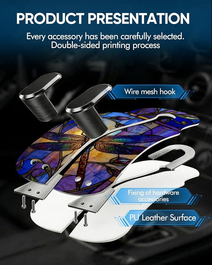Purse Holder for Car, 2 Pack Heavy Duty Purse Hanger for Car, PU Leather Car Seat Hooks for Purses and Bags, Cute Dragonfly Headrest Organizer for Handbags & Backpacks