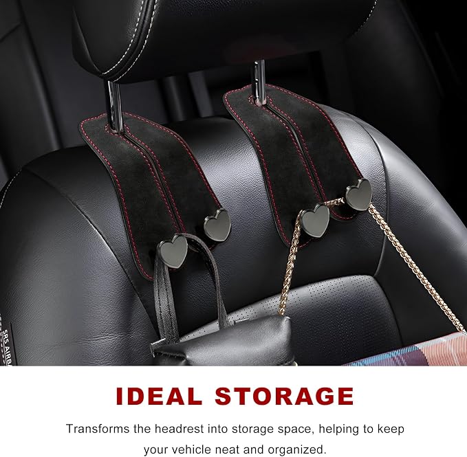 2 PCS Car Seat Headrest Hook, Suede Heart Shape Auto Double Seat Back Purse Storage Hook, Cute Backseat Organizer Universal Bag Holder Most Vehicles, Car Accessories (Black)