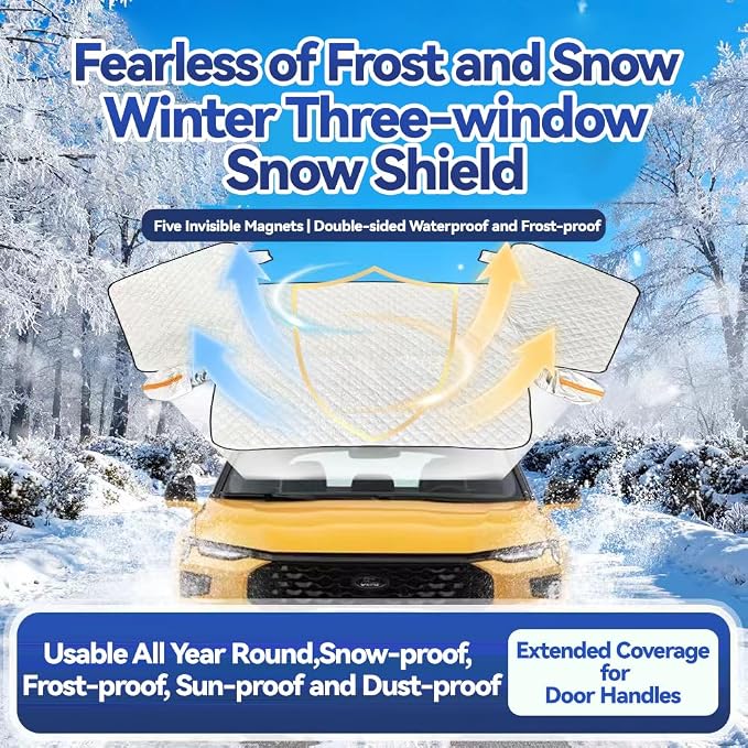 Magnetic Windshield Snow Cover for Ice and Snow, 3-Layer Heavy-Duty Car Cover with Side Mirror Protection, Windproof & Anti-Theft, Fits SUVs and Trucks, (65 x 53 in)