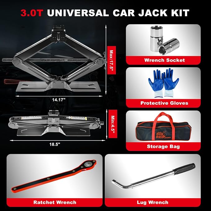 Car Jack 3Ton/6610 lbs Universal Scissor Jack with Rubber Pad, Portable Tire Changing Kit with Lug Wrench, Emergency Kit for Sedan SUV MPV