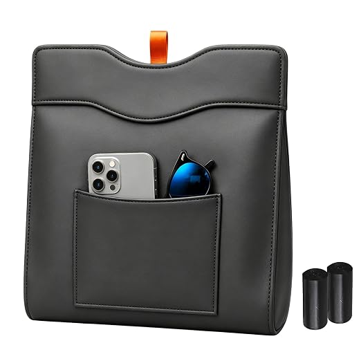 Leather Car Trash Can, Leak-Proof Odor-Lock Car Garbage Can with 60 Liners, Magnetic Closure & Liner-Hold, Storage Pocket, Metal Hooks, Hanging Car Trash Bin for SUV Sedan Truck, Black