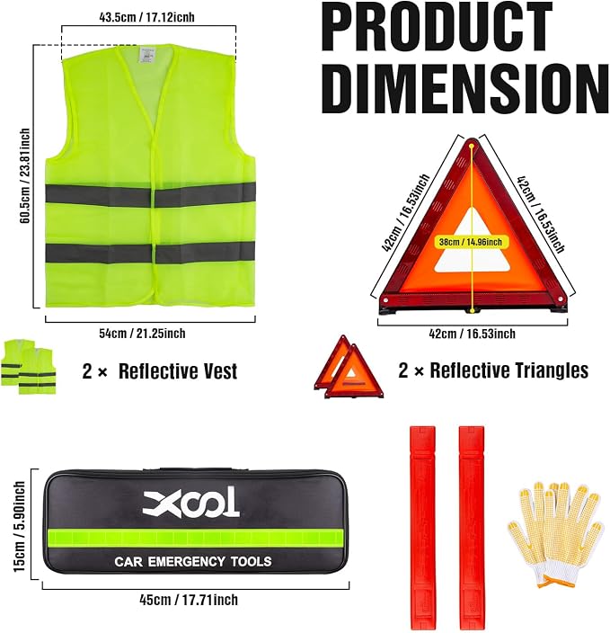 Emergency Warning Triangle Kit – Roadside Safety Kit with Reflective Warning Triangles, High-Visibility Safety Vests, Storage Bag & Gloves for Car Breakdowns & Emergencies