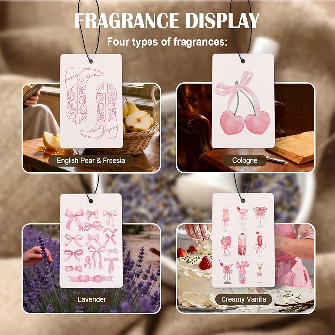 Coquette Pink Bow Car Air Freshener 4 Pcs, Western Cowgirl Boots Cherry Cocktail Lovers Hanging Air Freshener for Cars Closet Drawer Books, Cute Girly Car Accessories for Women Girls