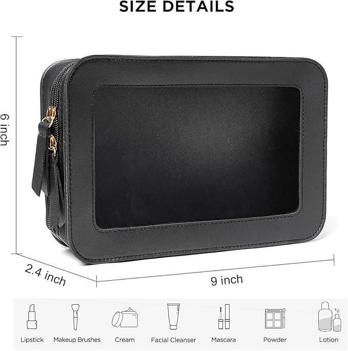 Clear Beach Makeup Bags, TSA Approved Toiletry Bag with Zipper, Clear Makeup Organizer Fit Carry-on Travel Car Accessories Essentials,Portable Travel Small Pouch for Women Men (Black)