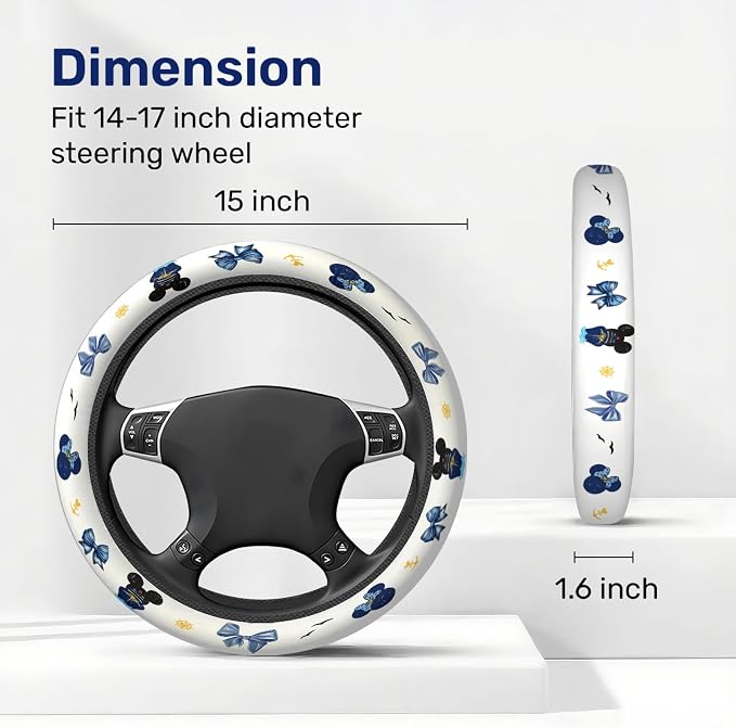 Blue Bow Mouse Silhouette Steering Wheel Cover, Non-Slip Polyester Wheel Grip, Universal 15 Inch Car Accessory