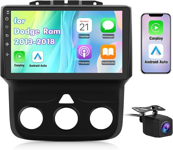 8 Core Car Radio Stereo for Dodge RAM 1500 2500 3500 2013 2014 2015 2016 2017 2018 with Carplay Android Auto Bluetooth 4+64GB (Only fit Manual AC)