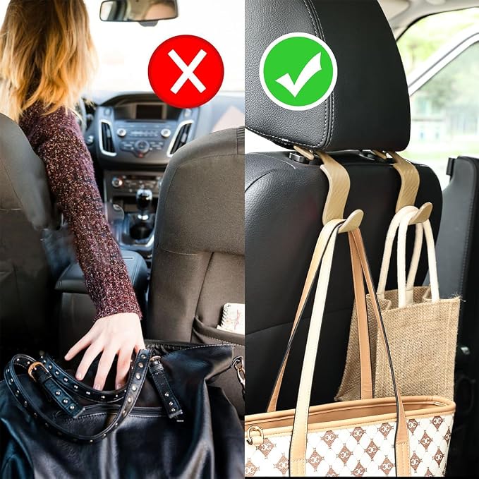 Car Seat Headrest Hook, 4 Pack Auto Seat Hanger Storage Organizer for Purse Handbag Coats Grocery Bags, Car Interior Accessories, Universal Vehicle Backseat Plastic Hanging Hook (Beige)