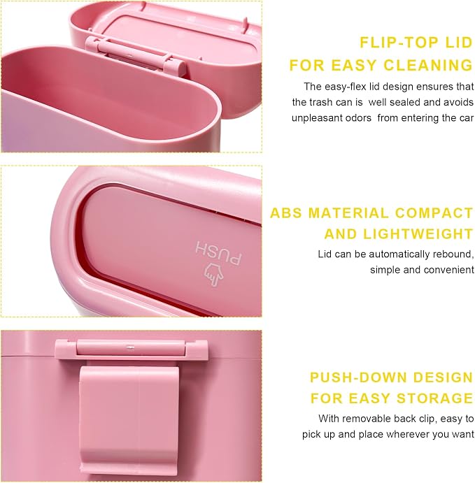 Car Trash Can Bin with Lid, Mini Portable Auto Garbage Can with 15Pcs Trash Bags, Waterproof Leakproof Small Garbage Organizer, Car Dustbin for Vehicle, Home, Office (Pink)