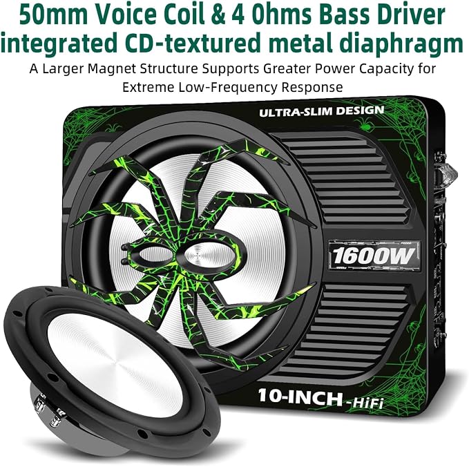 Upgraded 1600W Car Subwoofer, 10" Ultra-Thin Under-Seat Sub with Built-in Amplifier, (LPF/Gain/Bass Boost) LED Ambient Lights, Independent Bass Knob, Distortion-Free Deep Bass（Green）
