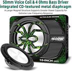 Upgraded 1600W Car Subwoofer, 10" Ultra-Thin Under-Seat Sub with Built-in Amplifier, (LPF/Gain/Bass Boost) LED Ambient Lights, Independent Bass Knob, Distortion-Free Deep Bass（Green）
