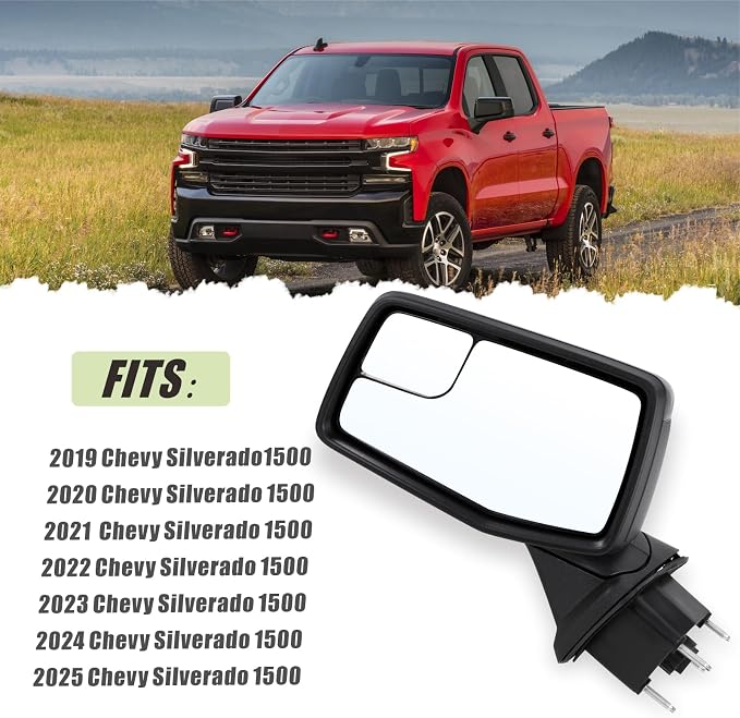 Left Driver Side Mirror Compatible with 2019 2020 2021 2022 2023 2024 2025 Chevy Silverado 1500 Black Replace #GM1320582(0Pins)