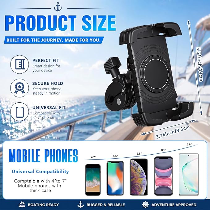 1 Pack Boat Phone Holder, Marine Cell Phone Holder No Sunshade, Black 360 Degree Adjustable Knob Crab Clamp, Smartphone Accessory for Boat Rail, Car, Cycling, Pontoon and Outdoor Use