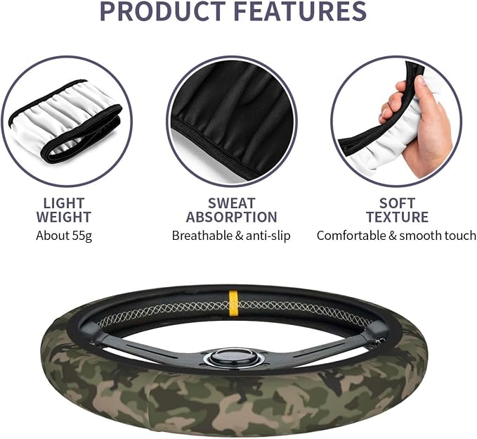 Camo Bigfoot Camo Green Hunting Steering Wheel Cover Car Accessories Cute for Women Girls Girly Universal 15 Inch Neoprene Auto Interior Decor Anti Slip Car Truck Protector