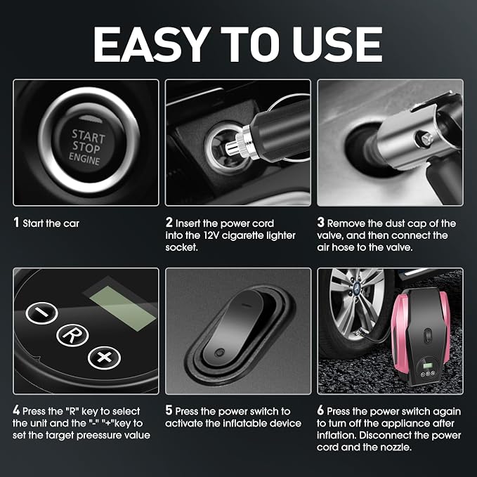 Tire Inflator Portable Air Compressor, 12V DC Air Pump for Car Tires, Bike, Motorcycle, Ball, Electric Bike Tire Pump with Pressure Gauge, LED Light, Auto Shut Off, Pink, TOOLS-00679-PK