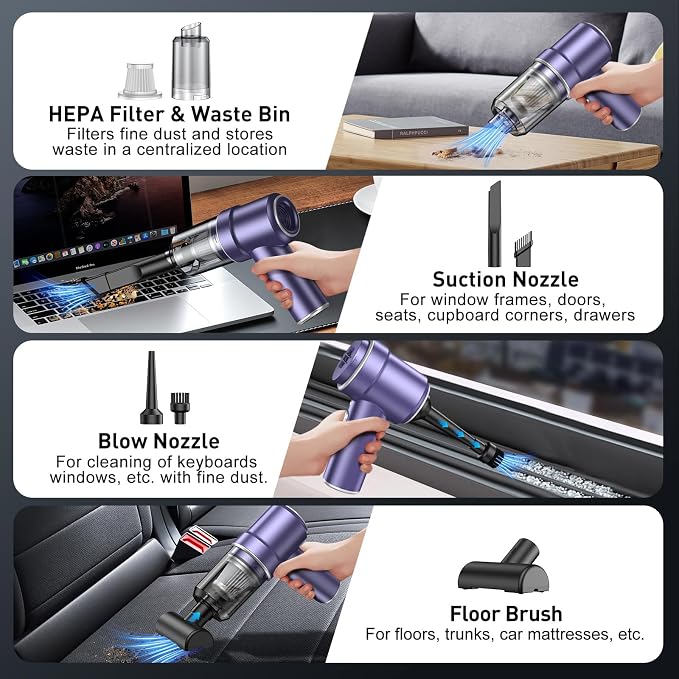 Handheld Car Vacuum Cleaner, 9000PA Vacuum Cleaner & Air Duster, 120W High Power Vacuum Portable Cordless, Hand Held Vacuum Rechargeable with Multi-Nozzles & LED Light for Home, Car, Office