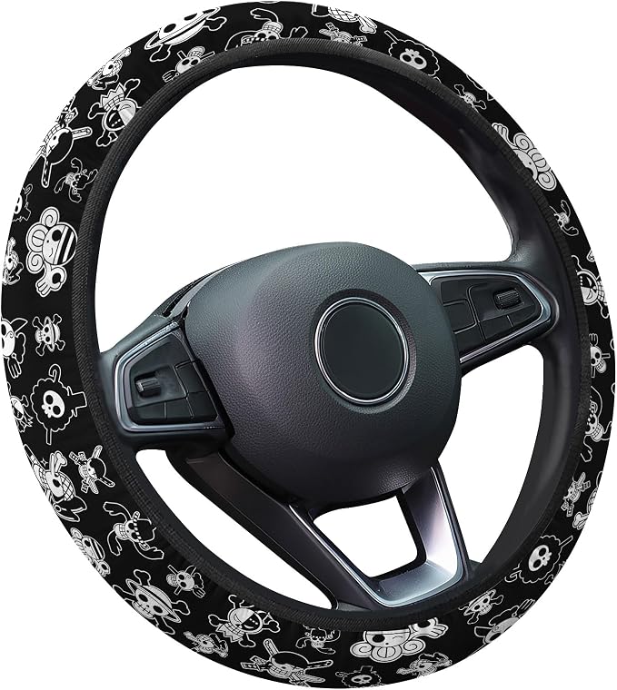Black Pirate Cartoon Steering Wheel Cover, Polyester Car Wheel Grip, Universal 15 Inch for Cars SUVs Trucks
