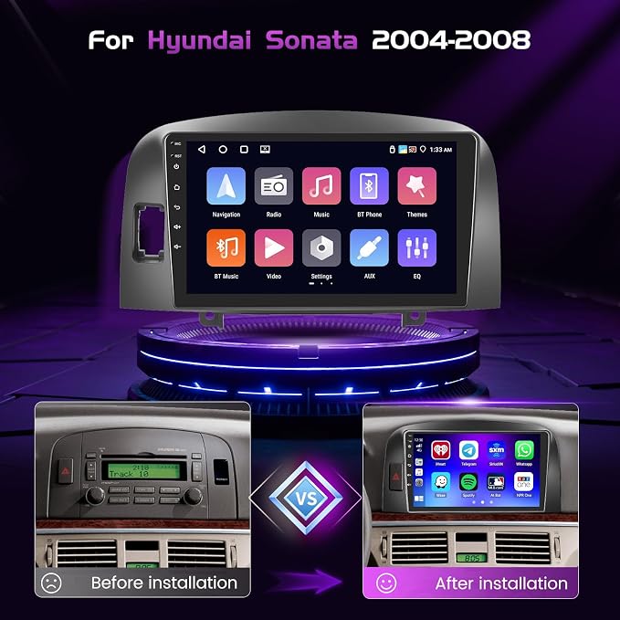 4+64GB Android 15 Car Stereo for Hyundai Santa 2004-2008 Wireless Carplay Android Auto 9" Touch Screen Car Radio Dash Kit with GPS WiFi Bluetooth SWC DSP EQ Mirror Link Backup Camera