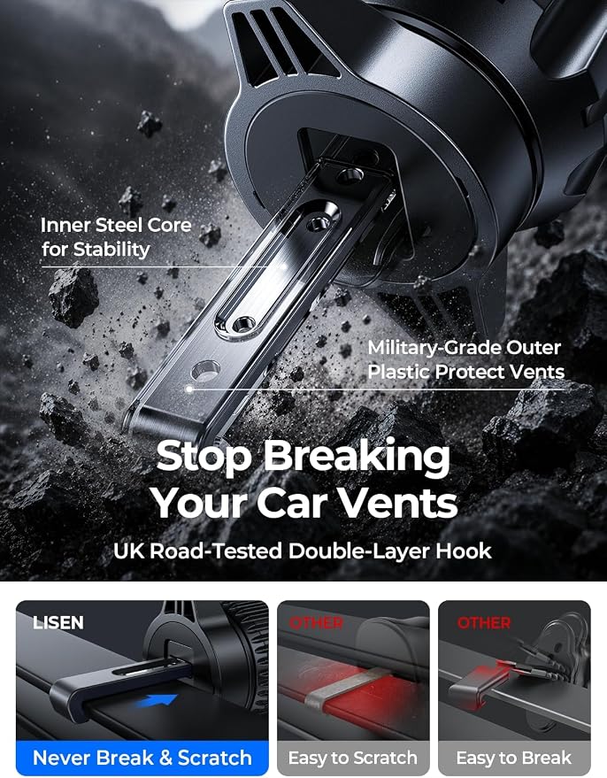 Car Phone Mount, Phone Holders for Your Car [Thick Cases Friendly] Car Vent Phone Holder & Metal Hook Truck Jeep Accessories for iPhone 17 Air Pro Samsung Google and All 4-7'' Phone