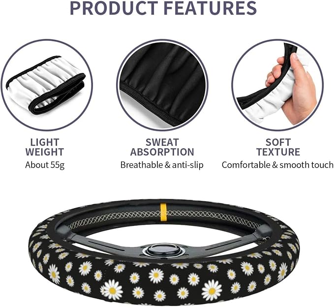 Daisy Steering Wheel Cover Universal 14.5-15 Inch Non-Slip Daisy Car Accessories for Women Men