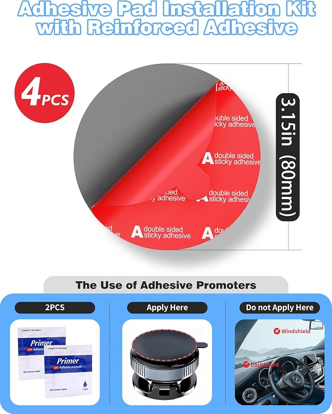 Sticky Adhesive for Car Phone Mount, 4Pcs 3.15" Double-Sided Pads | Round,heat Resistant high-bond sticker tape replacement. For dashboard suction cup, dash cam, GPS, windshield. 80mm.