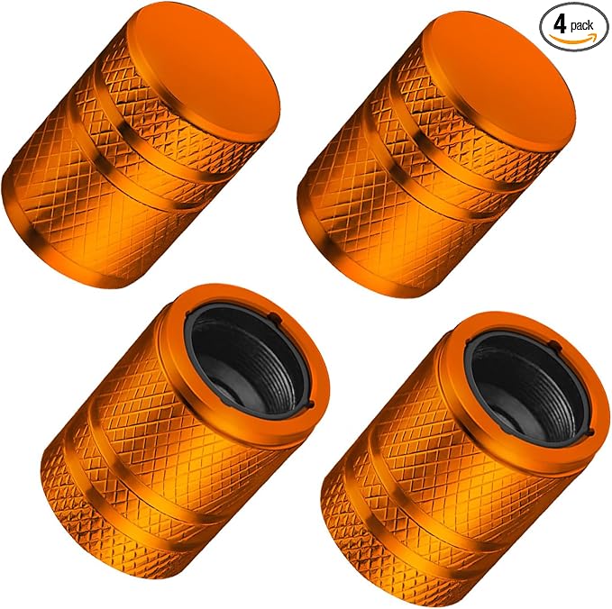 Tire Valve Stem Caps - (4 Pack) Premium Metal Air Caps with Plastic Liner, Durable, Corrosion Resistant and Leak-Proof, Universal Fit for Cars, Trucks, Motorcycles, and Bikes - Orange