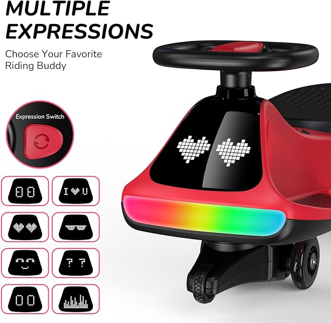 12V Electric Wiggle Car for Kids with Pedal, Display, Rechargeable Battery, LED Light, Bluetooth, Light-Up Wheels, Anti-Rollover, 2 Speeds, Ride on Toys, Birthday Gifts for Age 3+, 150Lbs