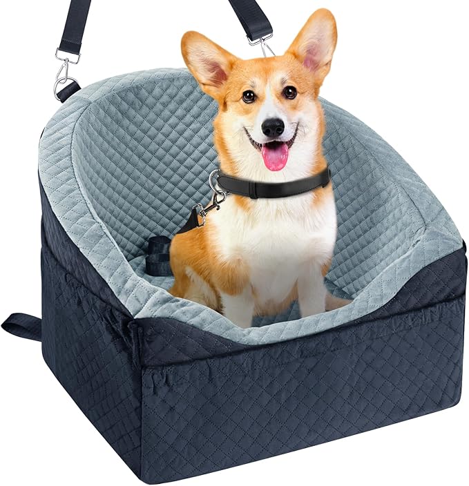 Dog Car Seat for Small & Medium Dogs, Detachable & Washable Booster Seat for Pets Up to 30lbs, Travel Bed with Storage Pockets and Safety Belt – Gray&Black