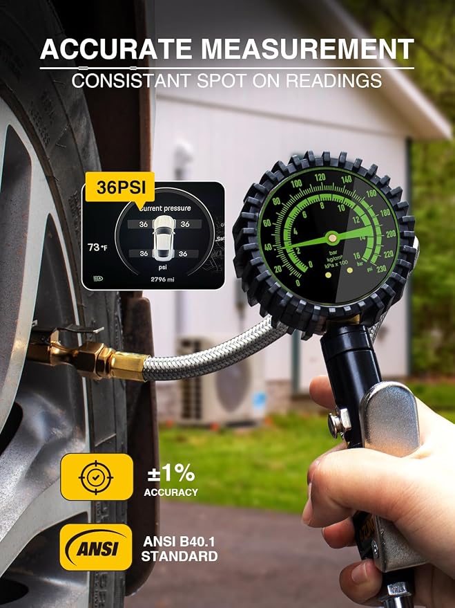Heavy Duty Tire Pressure Gauge, Tire Inflator Gauge 230PSI Air Chuck Air Compressor Attachments, with Steel Braided Hose, Large 2.6" Glow Dial & Quick Connect Coupler, for Truck/Car/SUV/RV/Bike