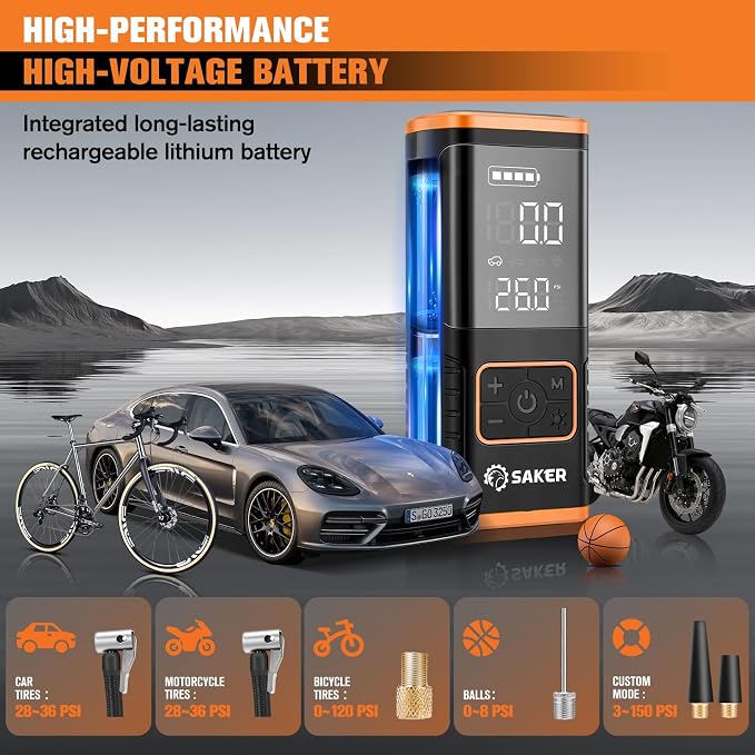 Tire Inflator Portable Air Compressor - 150PSI Car Tires Air Pump with Tire Pressure Gauge Led Light, 7500mAh Battery & 12V DC Smart Tire Inflator for Car, Motorcycle, Bike Tire, Ball