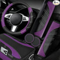 6 Pcs Purple Car Accessories Set, Sport Leather Steering Wheel Cover 14.5-15inch Universal, Leather Car Center Console Cover, Seat Belt Cushion, Cup Holder Coaster (Black-Purple)