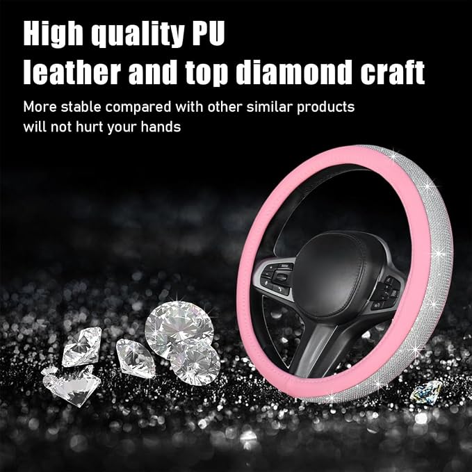 Steering Wheel Cover, Bling Crystal Rhinestones Auto Wheel Protector, Sparkly Cover Universal Fit Diverse 14.5-15 inch Steering Wheel, Interior Decor Car Accessories (White+Pink)
